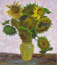Nine sunflowers on lilac